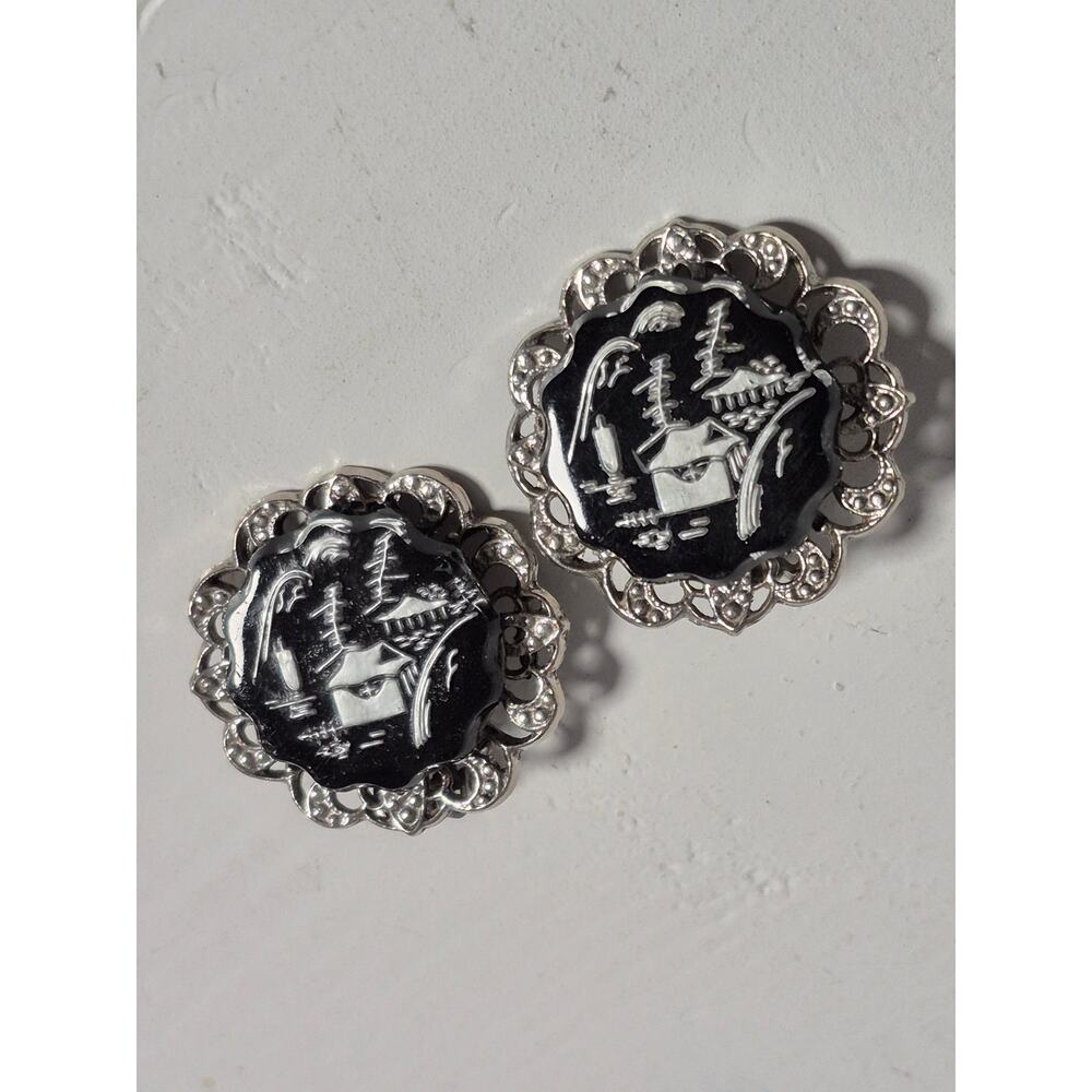 Vintage Asian Inspired Oriental Village Clip-on Earrings Silver-tone on Black
